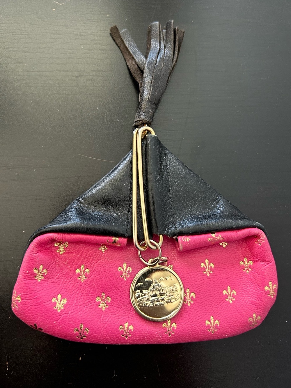 Pink and Black Leather Tassel Coin Pouch with Gold Medallion